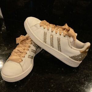 CUSTOM Adidas Womens Advantage Leather Sneakers 6 Swarovski Stones & Satin Laces